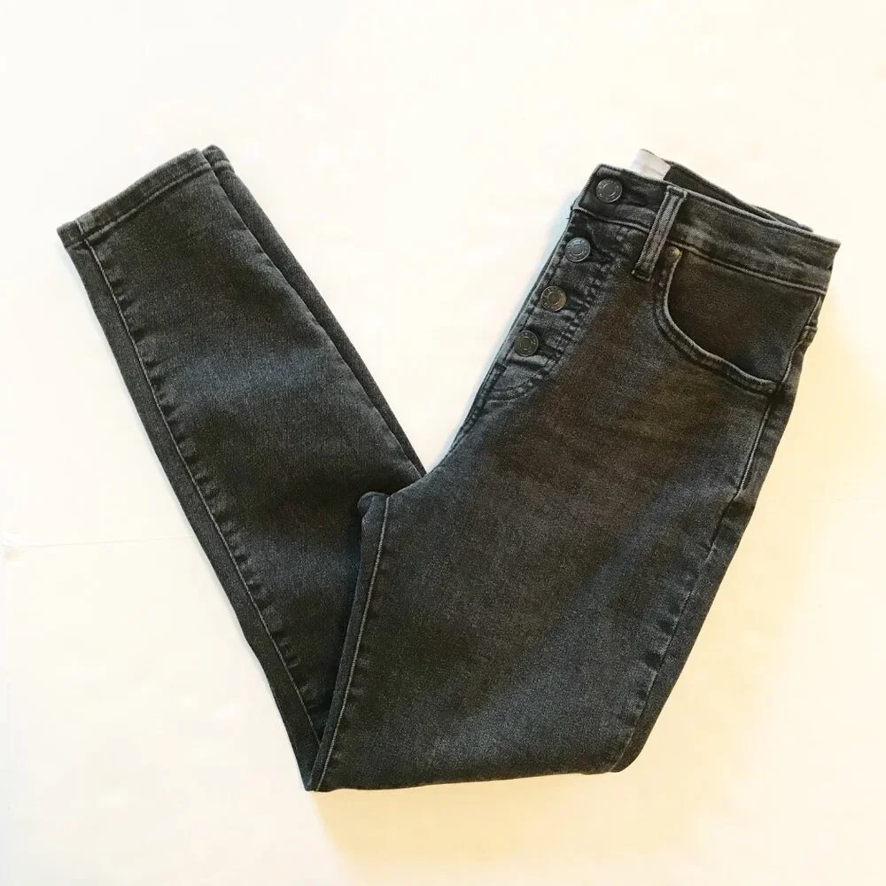 EVERLANE Stretch High Rise Skinny Button Flap Ankle Black Denim Jeans Womens 27 - Picture 2 of 9